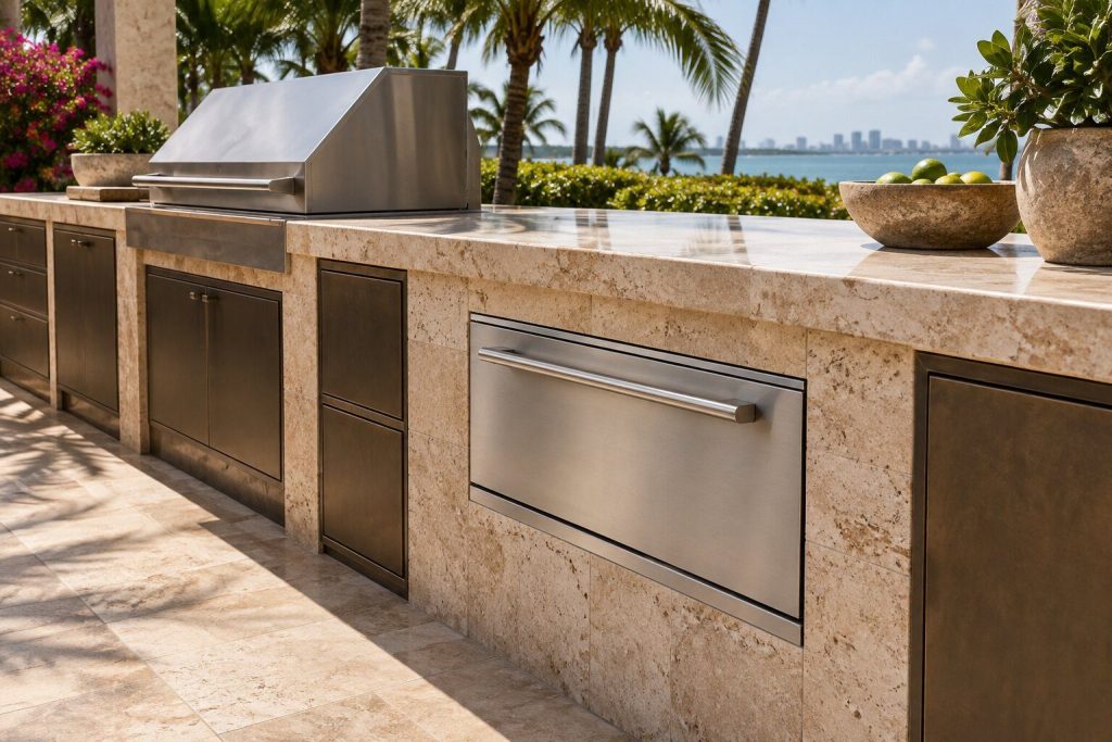 A 30-inch outdoor warming drawer built into a long outdoor kitchen run facing a planted garden, closed and unlit.
