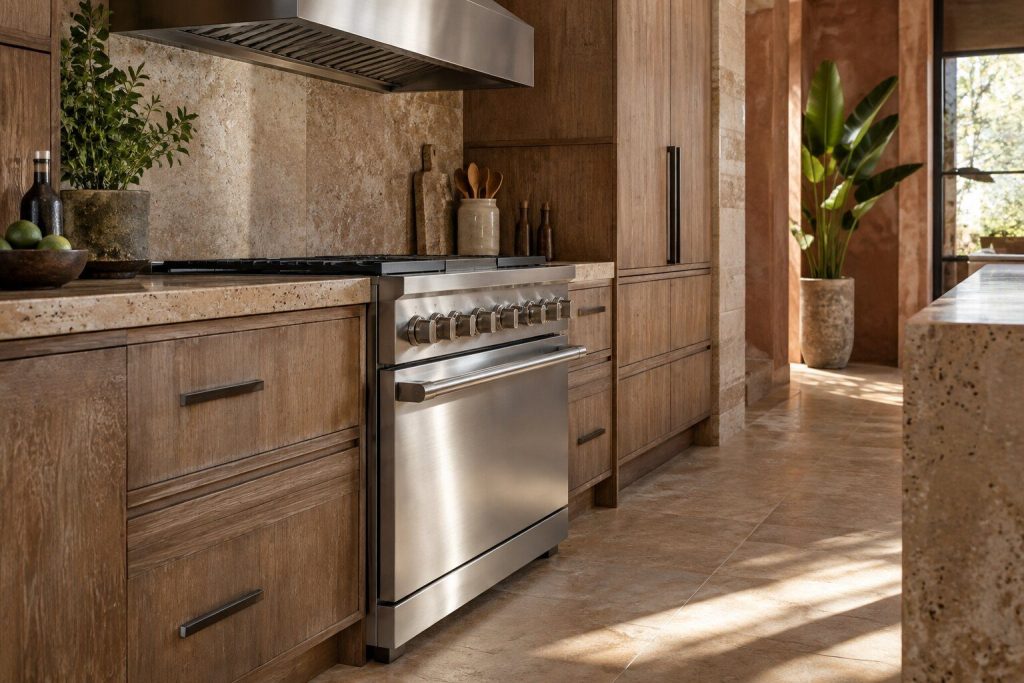 A professional stainless range in a bright indoor kitchen with its oven door closed.