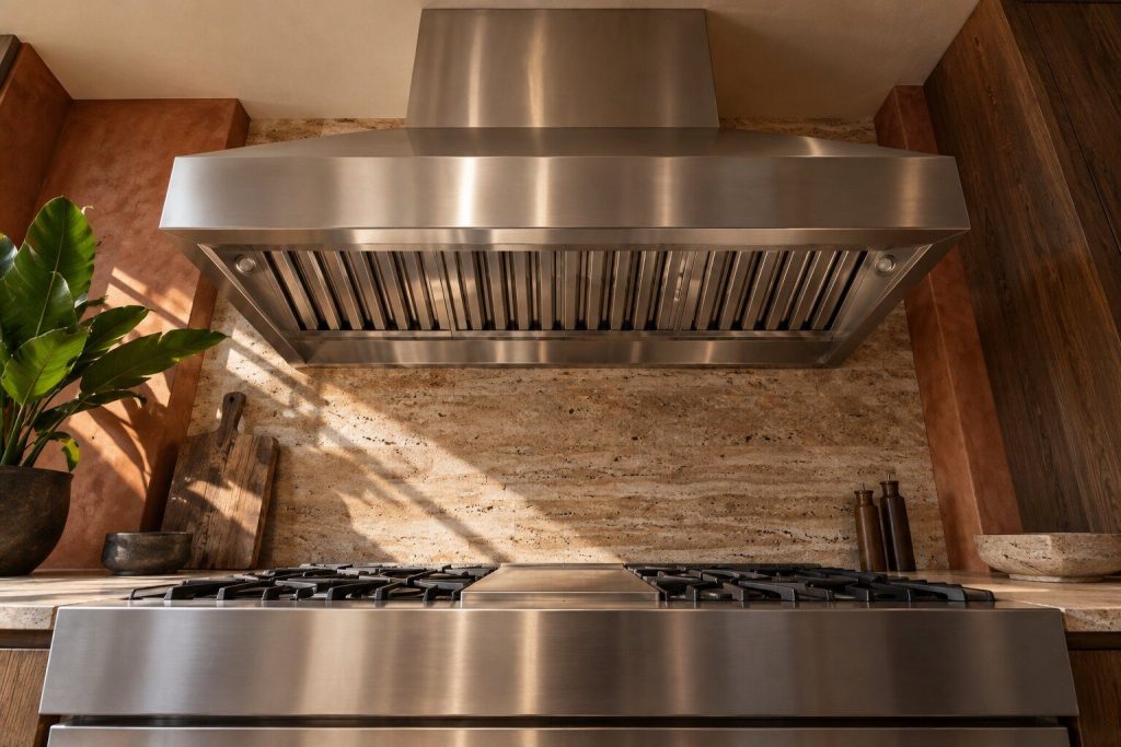 A stainless hood canopy over an empty cooking surface against a pale ceiling.