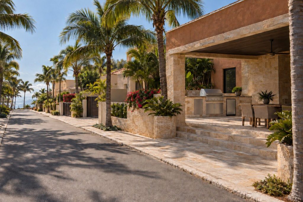 A quiet residential street of low coral-stone houses with palms along it in hard afternoon light.