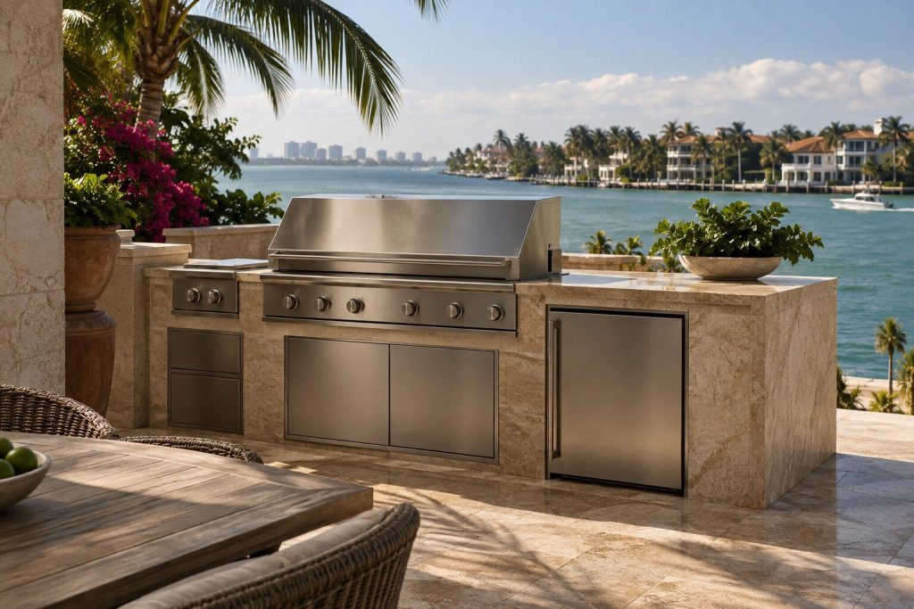 A waterfront terrace with an outdoor kitchen in the foreground and low-rise coastal buildings along the shore beyond.