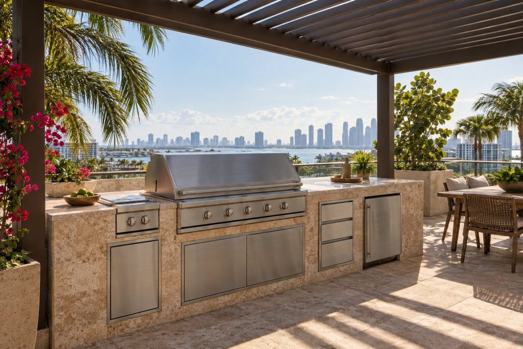 A rooftop terrace kitchen with a grill under a pergola and the city skyline soft behind it.