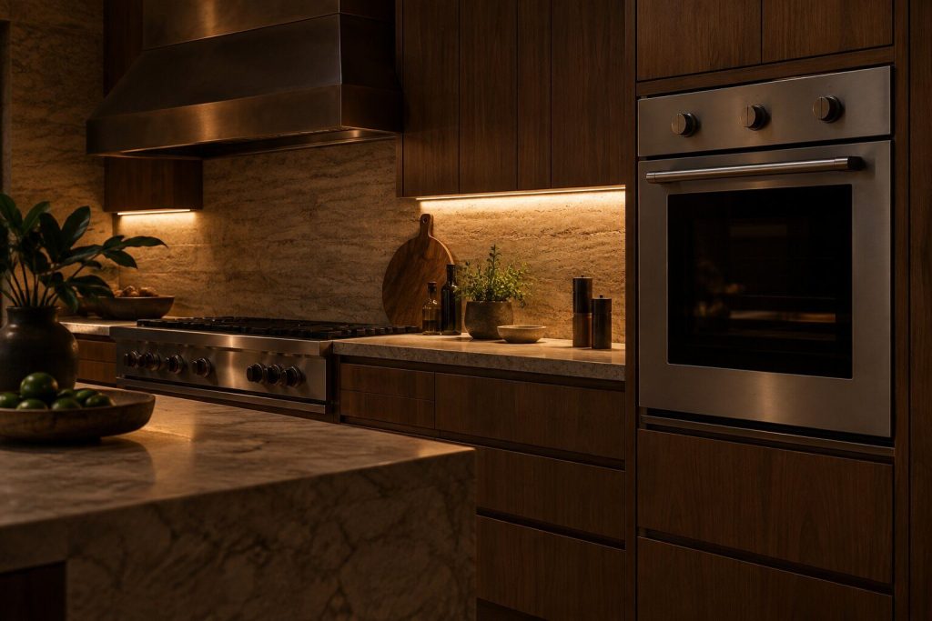 A kitchen at night with a closed wall oven and one strip of under-cabinet light across the counter.