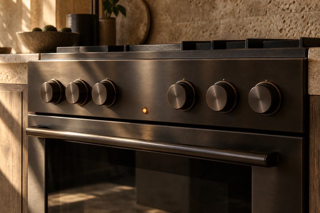 A dark oven control fascia with one small amber indicator lamp lit on it and no characters anywhere on the panel.