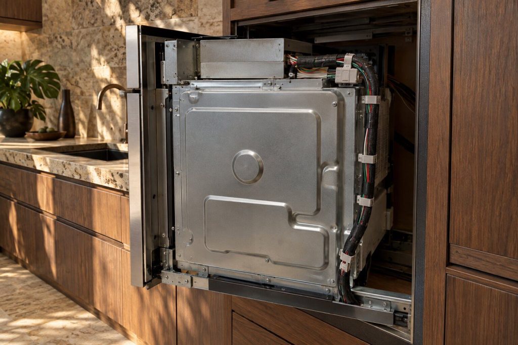 The back of a wall oven exposed in its cabinet opening with a wiring loom clipped along the frame.