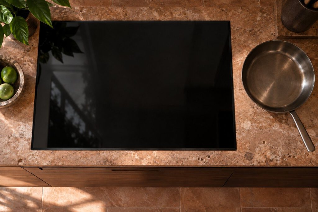 An induction cooktop, dark and clear, with a pan standing to one side of it.