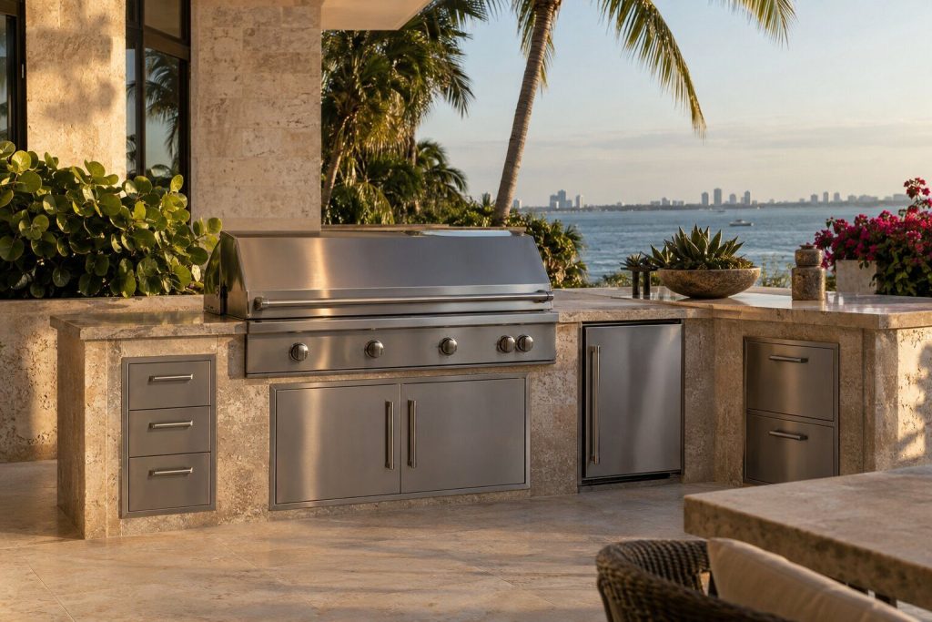 An outdoor kitchen at the end of the day, everything closed, the stone still holding the light.