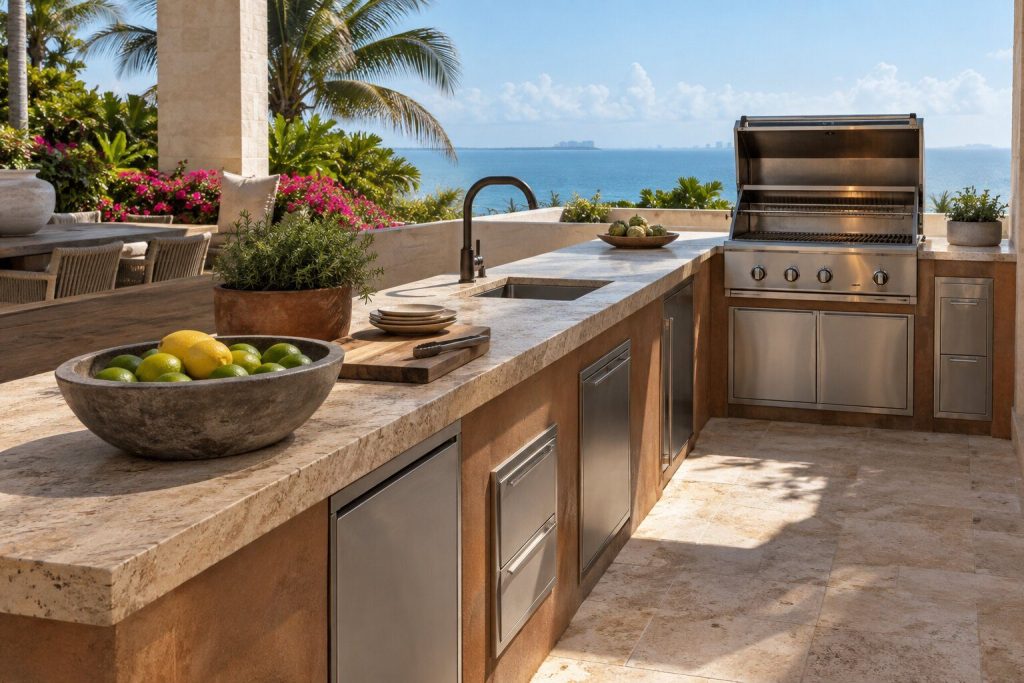 A stone island counter photographed across its length with an open grill at the far end and the terrace bright beyond.