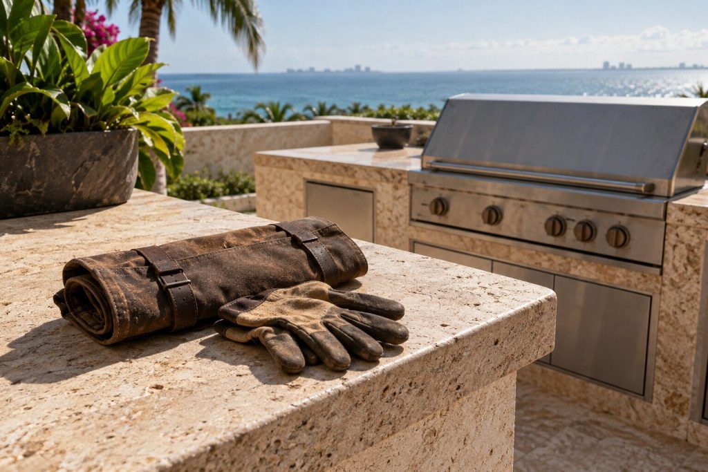 A folded tool roll and a pair of gloves resting on the stone counter of an outdoor kitchen.