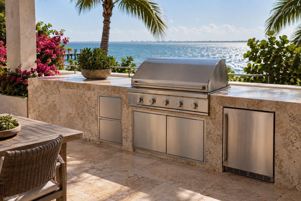 An outdoor kitchen counter cleared and wiped down at the end of a visit, the grill hood closed.