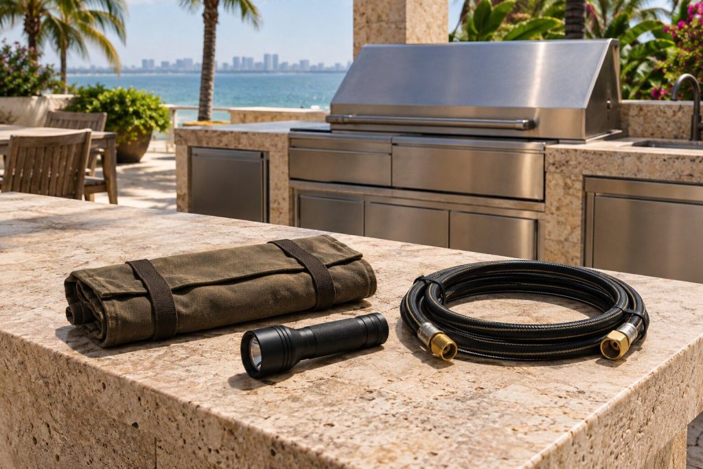 A folded tool roll, a flashlight and a coil of new gas hose laid out on the stone counter of an outdoor island.
