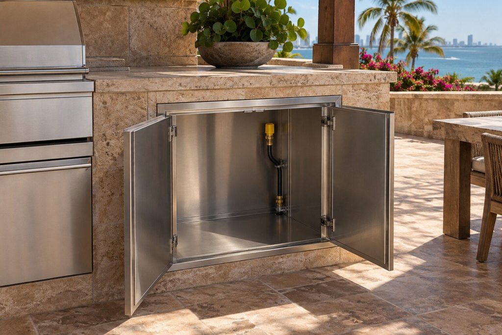 A stainless island cabinet opened to show a clean empty carcass and a capped gas line.