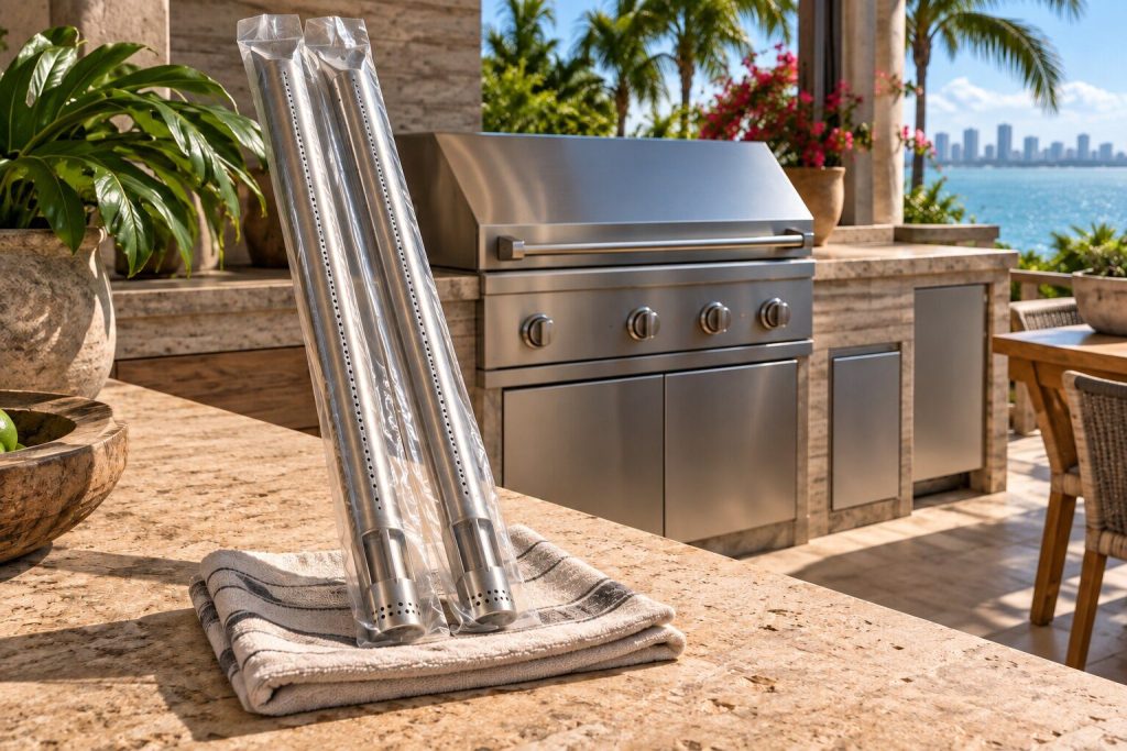 Two new tubular grill burners still wrapped, standing on a folded cloth on a terrace counter.