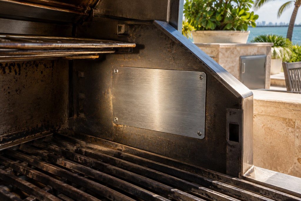 A blank brushed metal plate on the inside wall of a grill firebox lit by a flashlight, carrying no markings.