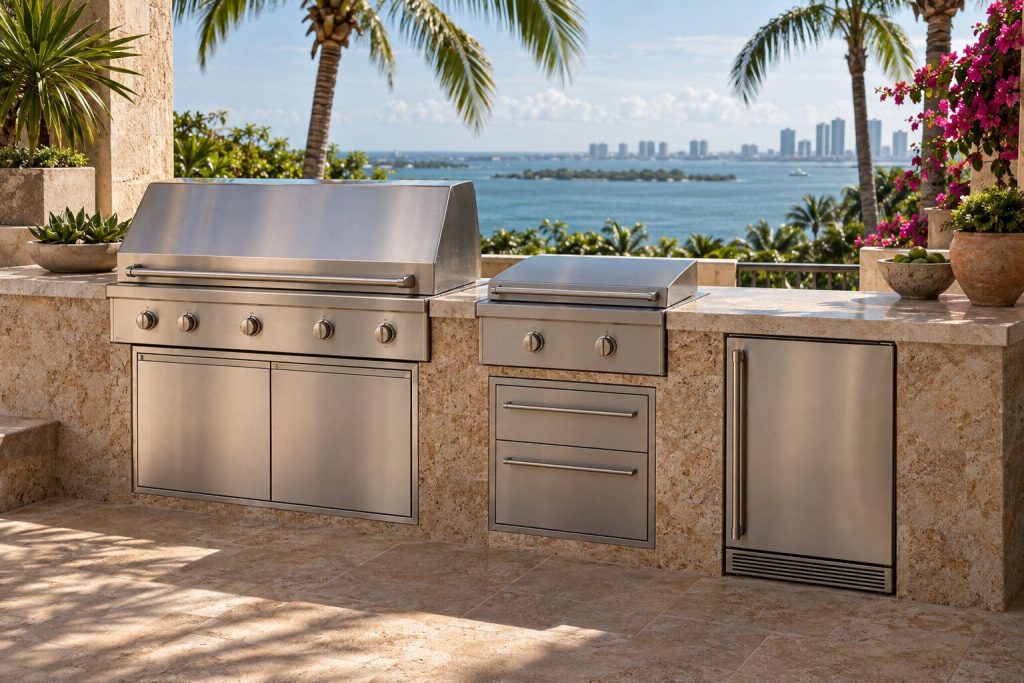 Three stainless outdoor modules side by side in one long stone island, all doors and hoods closed.