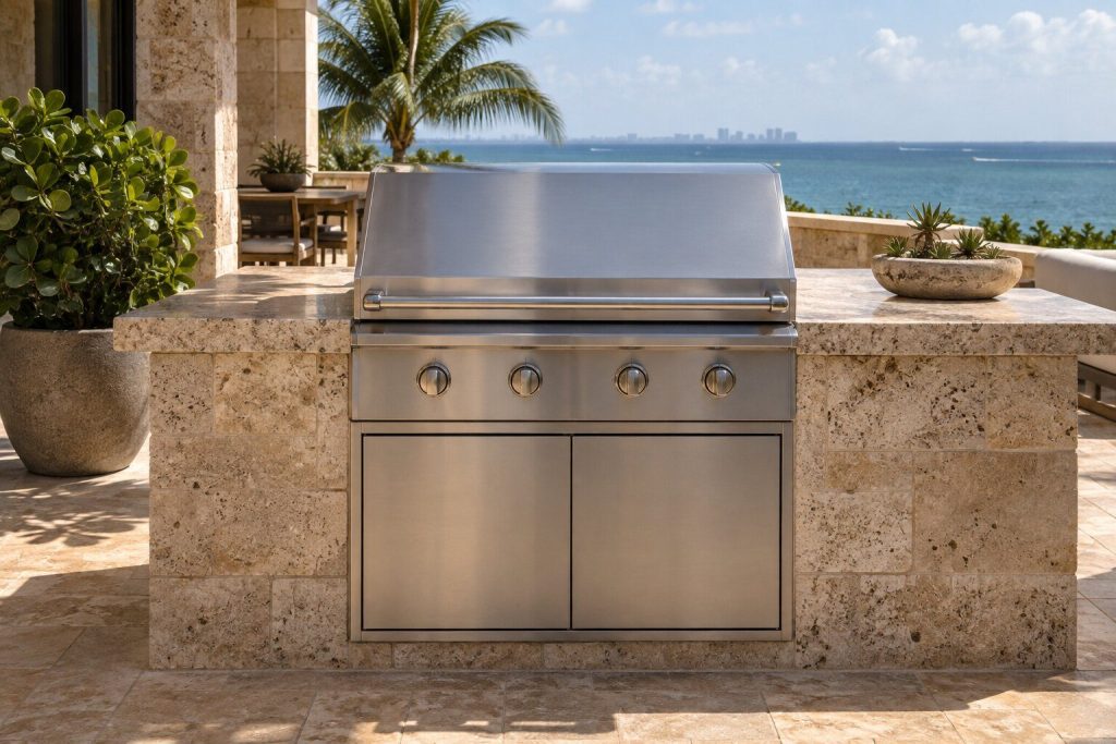A 36-inch built-in grill with its hood closed in a stone island.