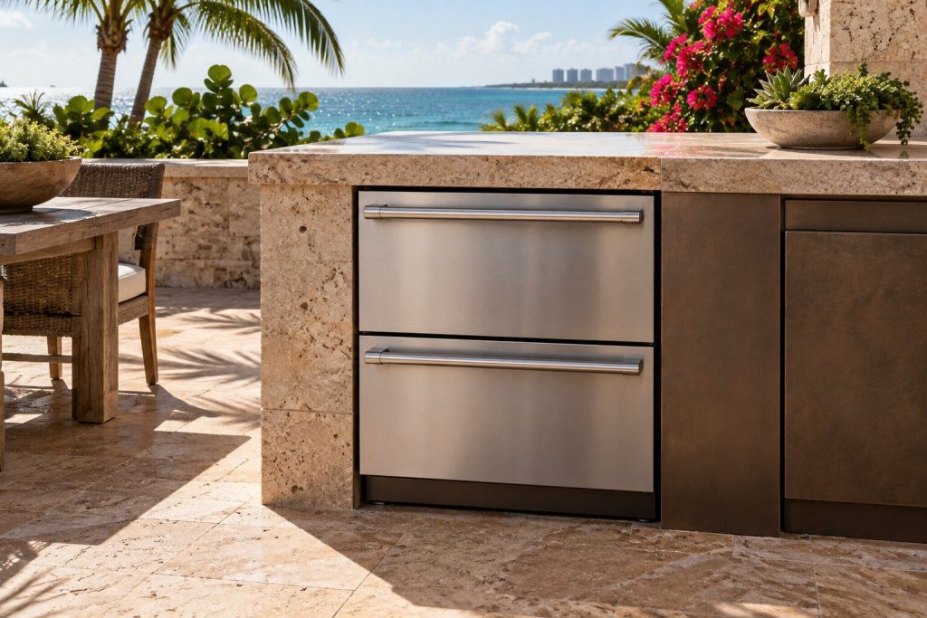 An outdoor refrigeration drawer unit set under a counter with both drawers closed.