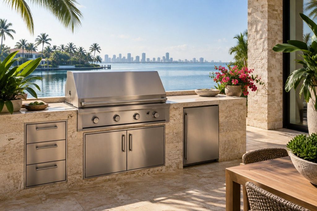 A terrace kitchen in bright morning light with the grill hood closed and the water flat beyond.