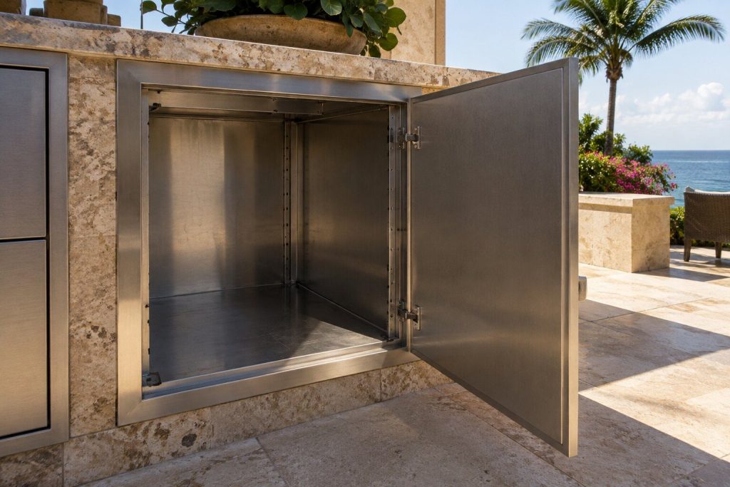 The underside of an outdoor island counter with a cabinet door swung open on an empty stainless carcass.