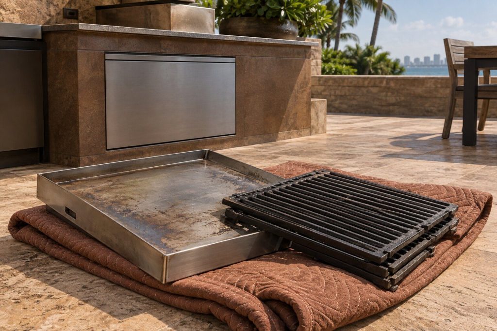A stainless griddle plate and a set of cast grates stacked on a folded moving blanket on a terrace floor.