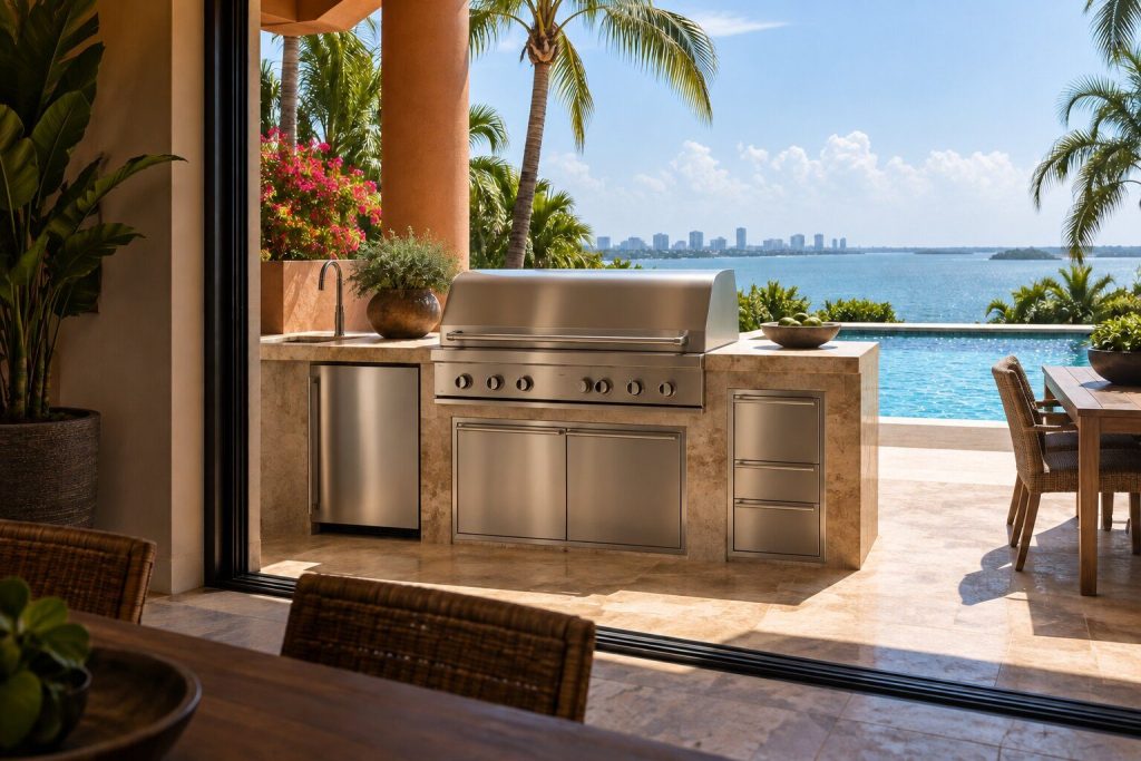 A terrace kitchen with the grill closed and the pool bright beyond it.