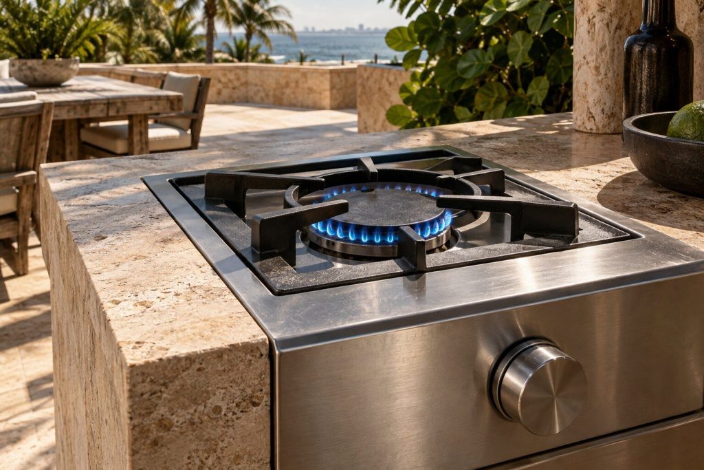 A gas burner alight on an outdoor side burner, the flame ring even and blue.