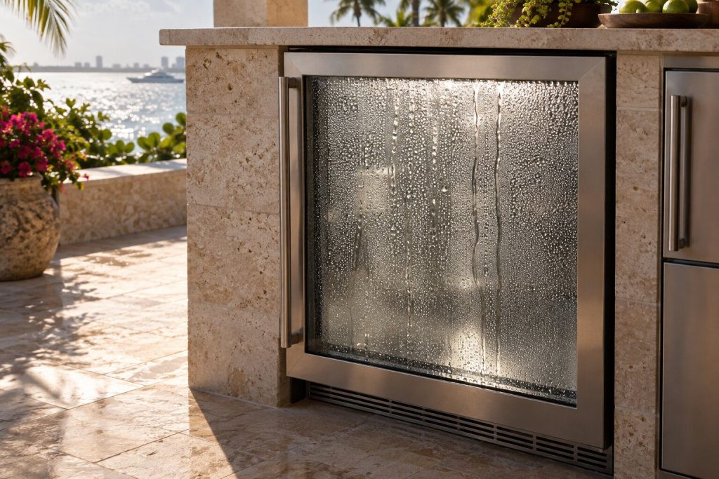 Condensation beaded across the glass door of an outdoor beverage center in bright sun.