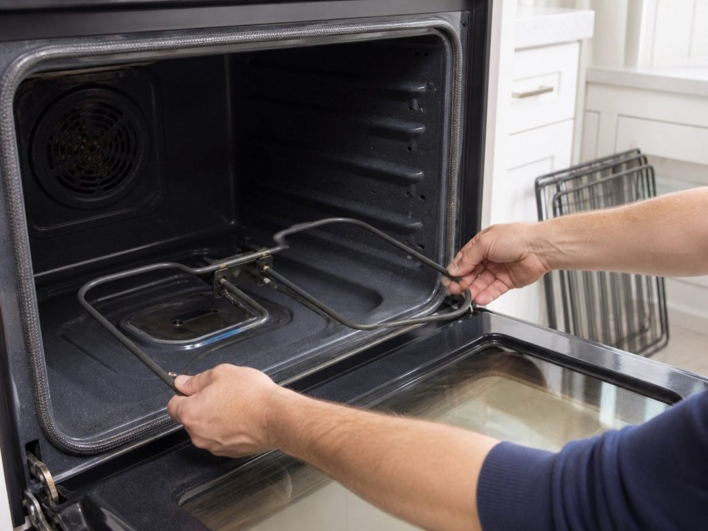 Two hands drawing a bake element out of the floor of an oven cavity, the door open, racks removed and leaning nearby, bright kitchen.