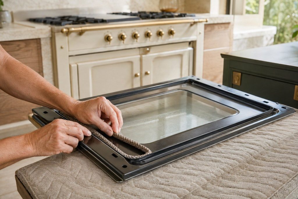 Two hands pressing a new braided rope gasket into the channel around the frame of an oven door that has been laid flat on a padded bench, half the run new and half still empty.