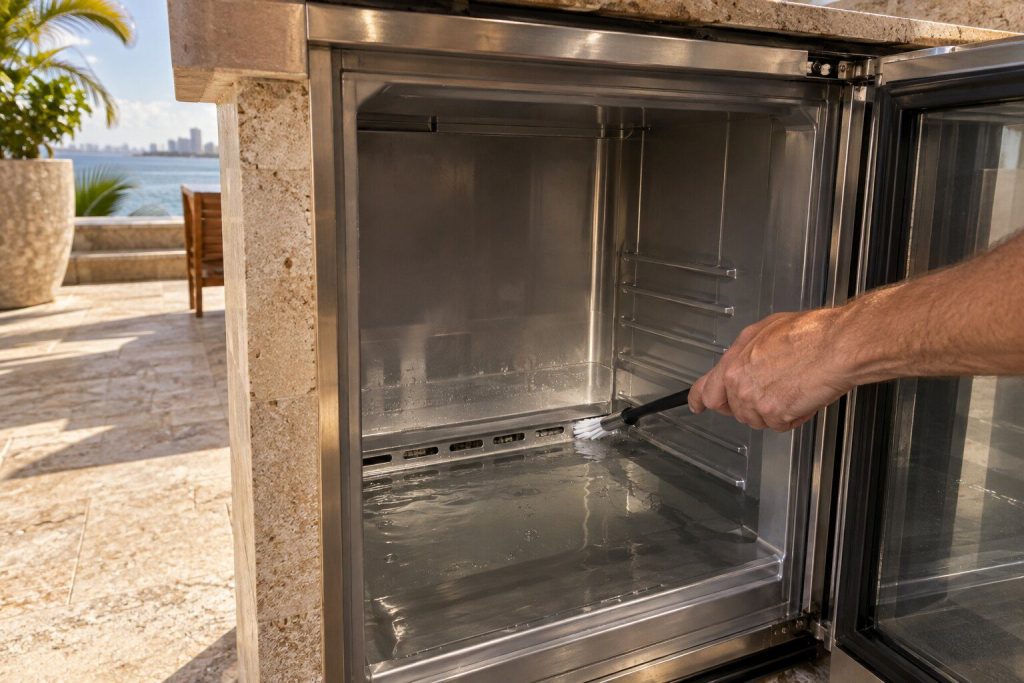 The drain channel at the back of the liner inside an emptied outdoor beverage center being cleared with a small brush, a shallow pool of water standing in the base.