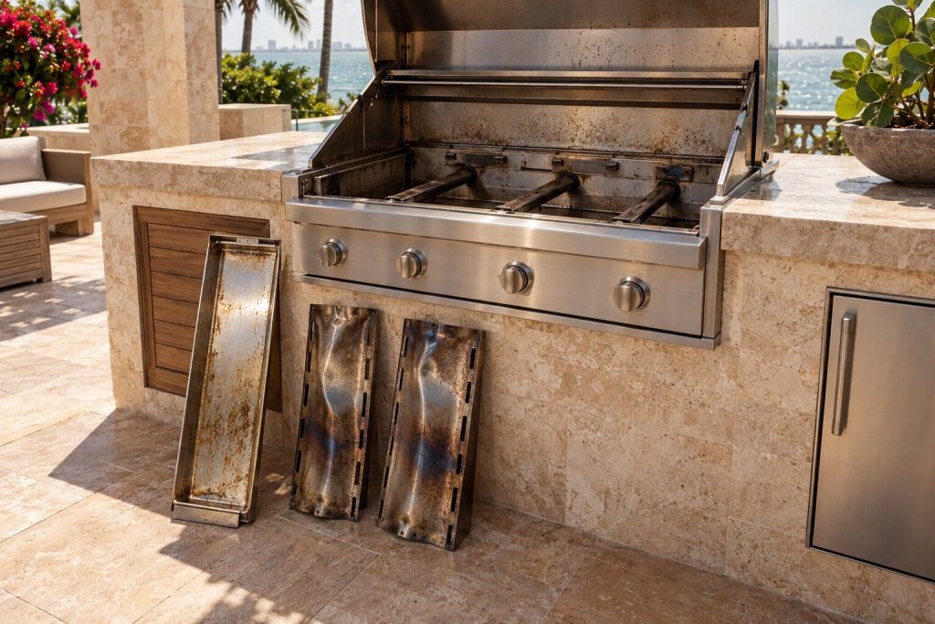 A grill drip tray and two warped radiant trays drawn out and standing on the terrace tile beside the open grill, the empty burner box visible above them.
