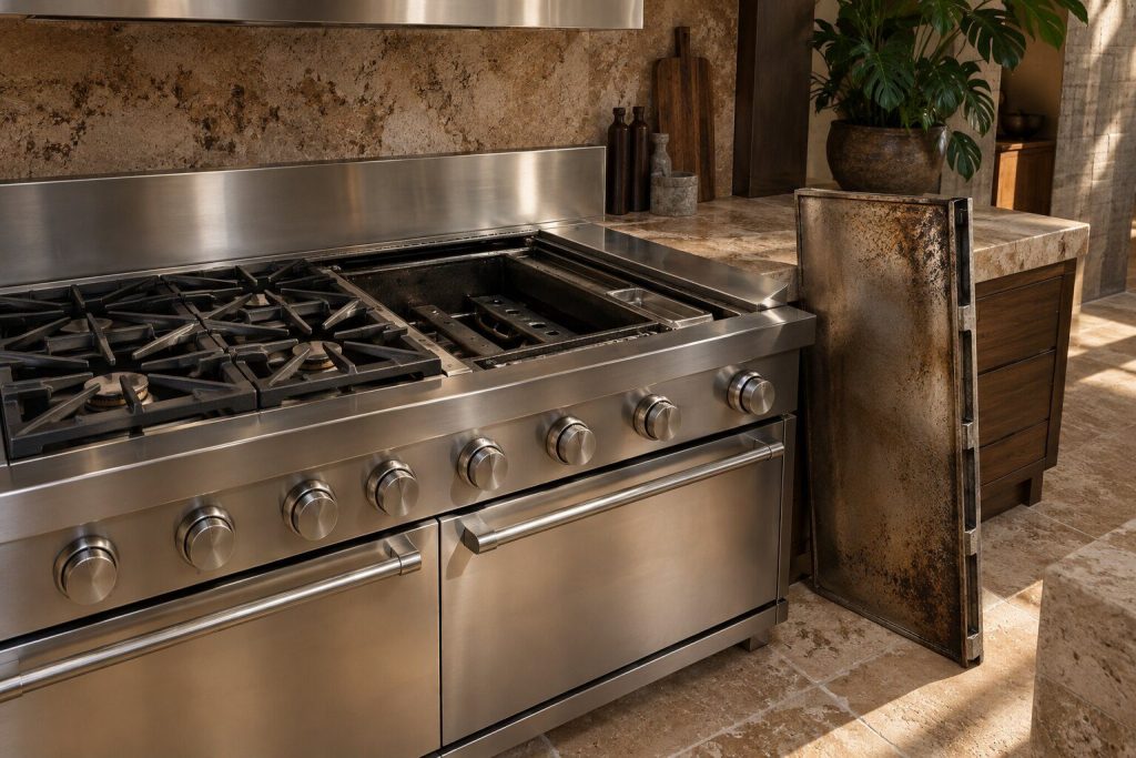 A steel griddle plate lifted off the top of a professional range and standing on edge against the counter beside it, the empty burner bay and its grease trough exposed.