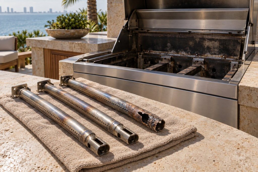 Three tubular grill burners lying side by side on a folded cloth on a stone counter beside the open firebox they came out of, one of them burned through at the end.