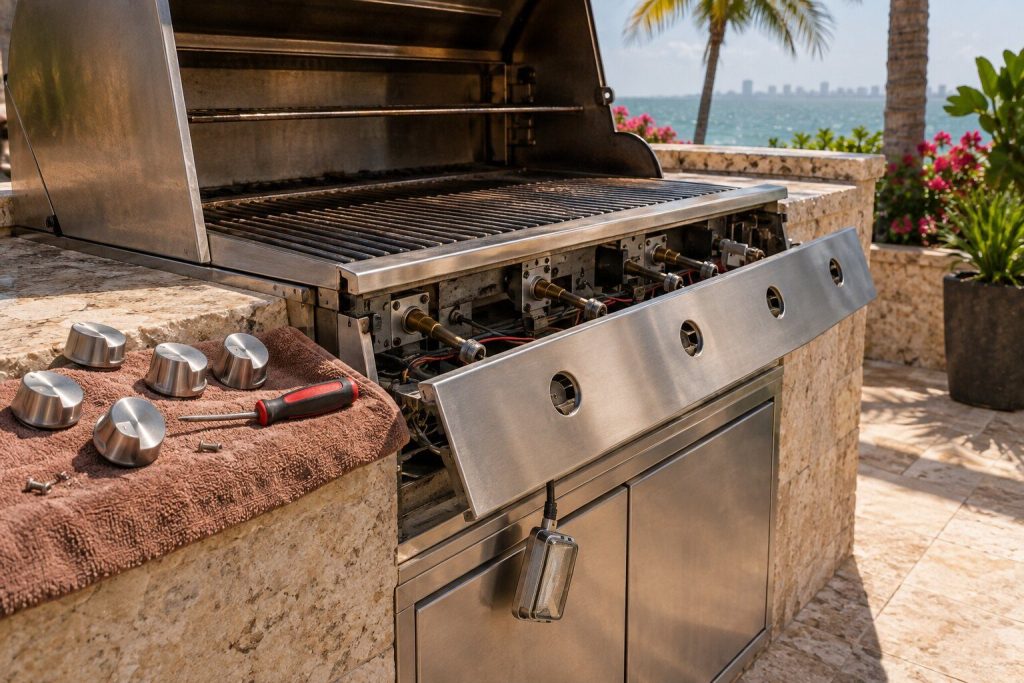 The control panel of a built-in grill with the fascia trim lifted away and the hood lamp housing hanging on its lead below it, dials removed and lying on a cloth.