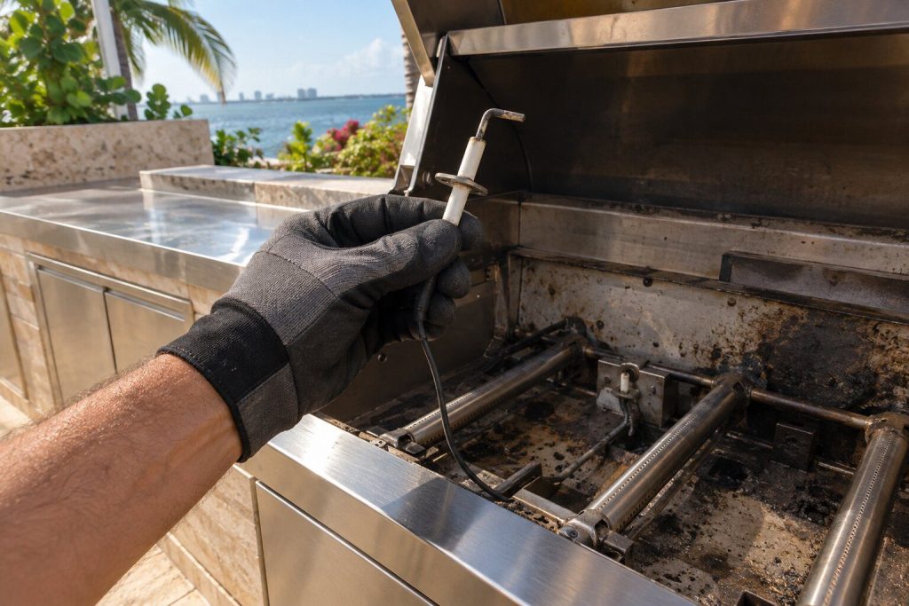 An ignition electrode and its white ceramic insulator held up in a gloved hand over an open grill firebox, the lead still attached and trailing down into the cabinet.