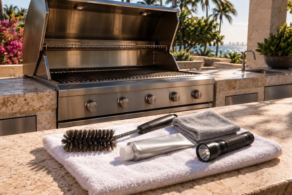 A coil brush, a tube of stainless polish, a folded cloth and a flashlight laid out together on a folded white towel on the coral stone counter of a terrace kitchen, the grill hood open behind them.