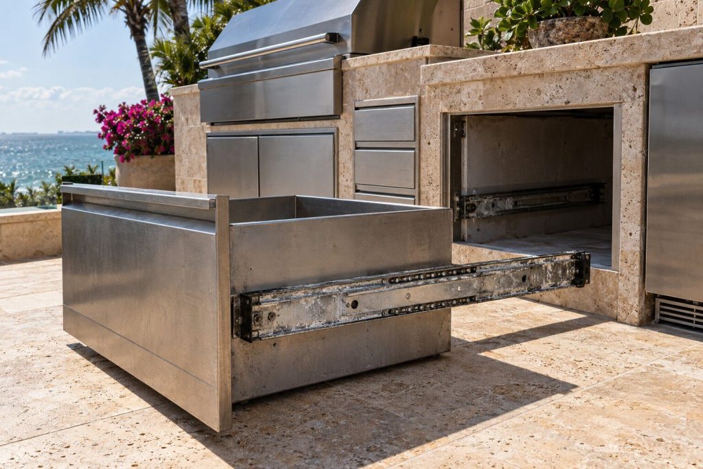A stainless outdoor drawer pulled fully out of an island cabinet and standing on the terrace tile, its ball-bearing runner extended and crusted white with salt.
