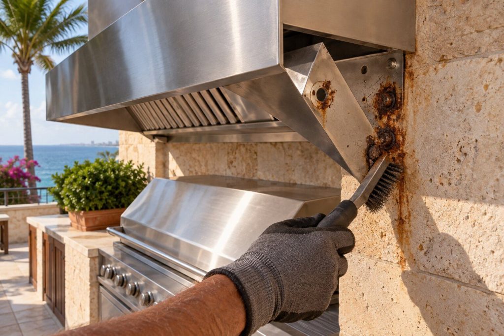 The mounts of a stainless outdoor vent hood over a terrace grill, one bracket lifted clear to show rust bleeding out of the fixings, a wire brush in a gloved hand.