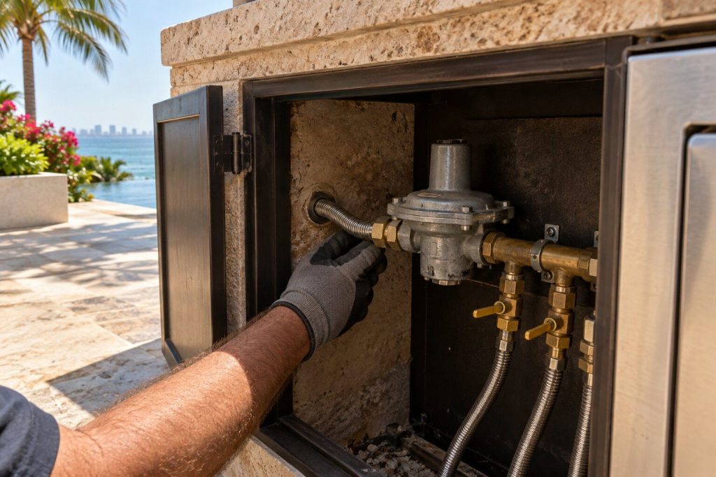 A gas regulator and the manifold behind it inside the open cabinet under an outdoor island, a gloved hand steadying a flex connector where it enters the masonry.