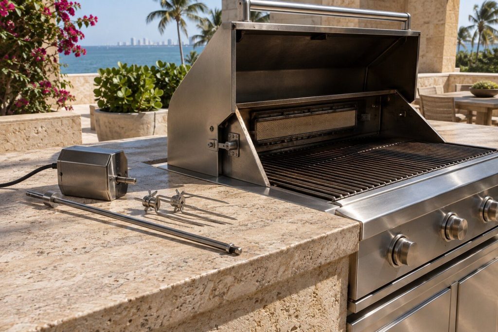 A rotisserie motor unbolted from the side of a built-in grill and resting on the stone counter beside its spit rod and forks, the rear infrared burner visible in the open firebox.