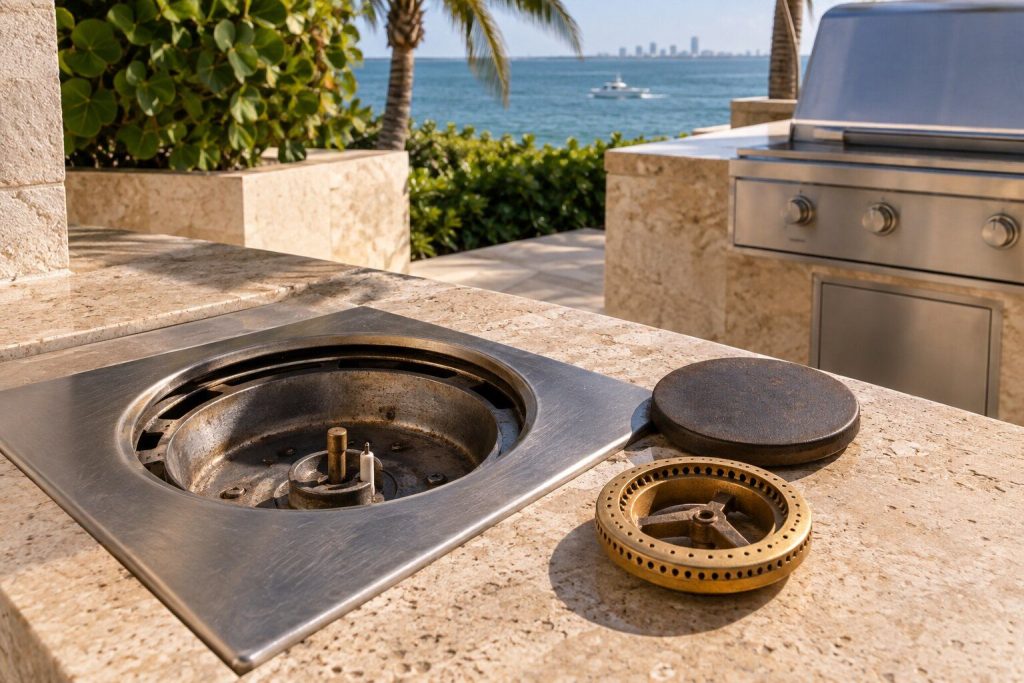 A side burner taken apart on an outdoor counter with its cast cap and brass head set beside the empty burner well and its orifice exposed.