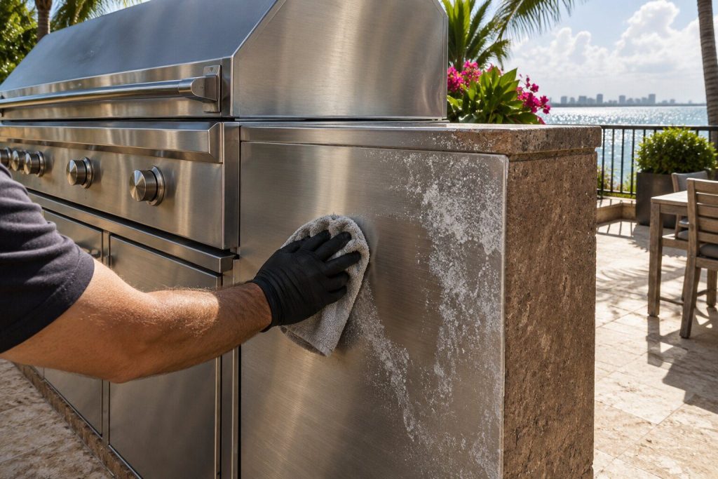 A gloved hand wiping white salt bloom off the stainless flank of a built-in grill on a waterfront terrace, the sea haze bright beyond the railing.