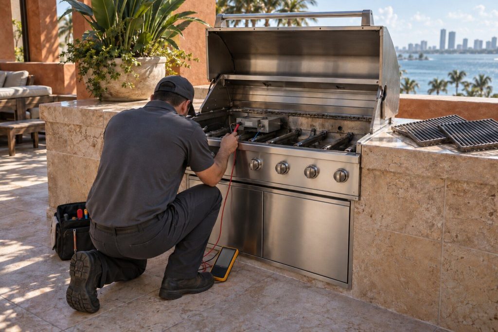 A technician kneeling at an open built-in grill on a stone island with the grates out and a meter lead clipped to the ignition module, the hood standing open above him.