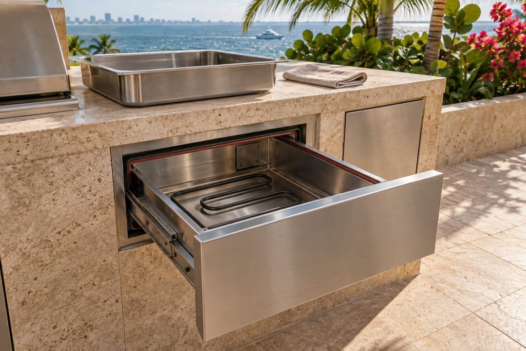 An outdoor warming drawer open in a stone island with its liner pan lifted out and its element and seal visible, a cloth folded on the counter above.