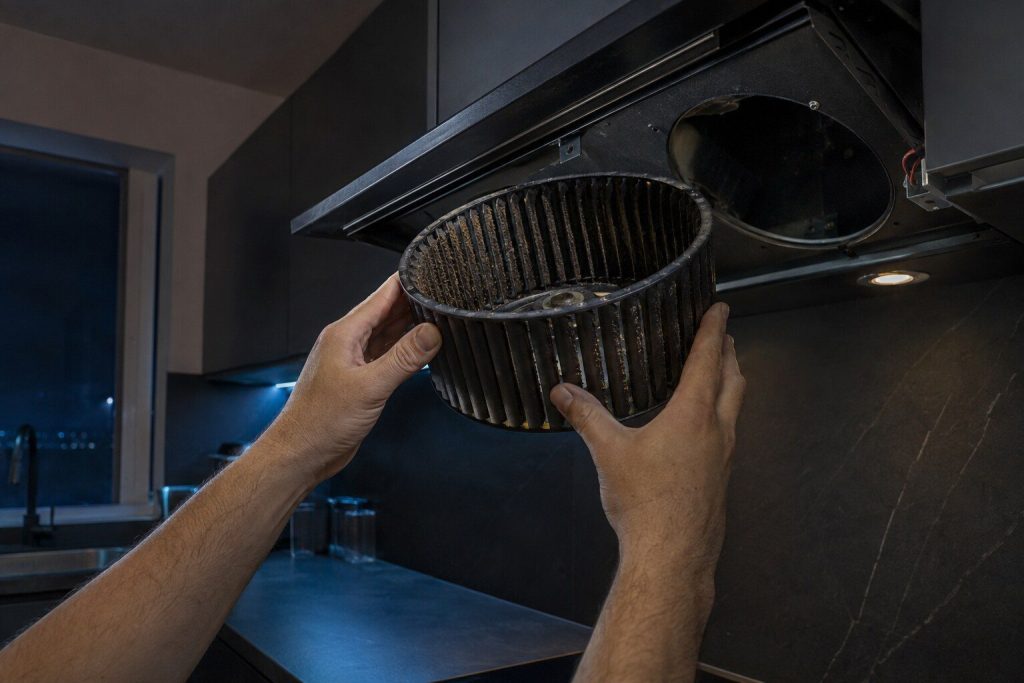 A squirrel-cage blower wheel drawn out of the top of a wall-mounted hood canopy and held in both hands, greasy at the vanes, the empty housing above.