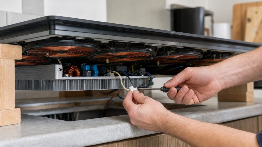 The cooktop lifted on timber blocks clear of the cut-out, four copper induction coils, the heatsink and power board, a connector being released with a screwdriver.