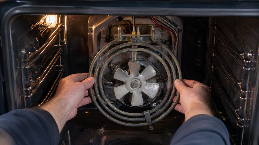 A bake element unbolted in an oven cavity.