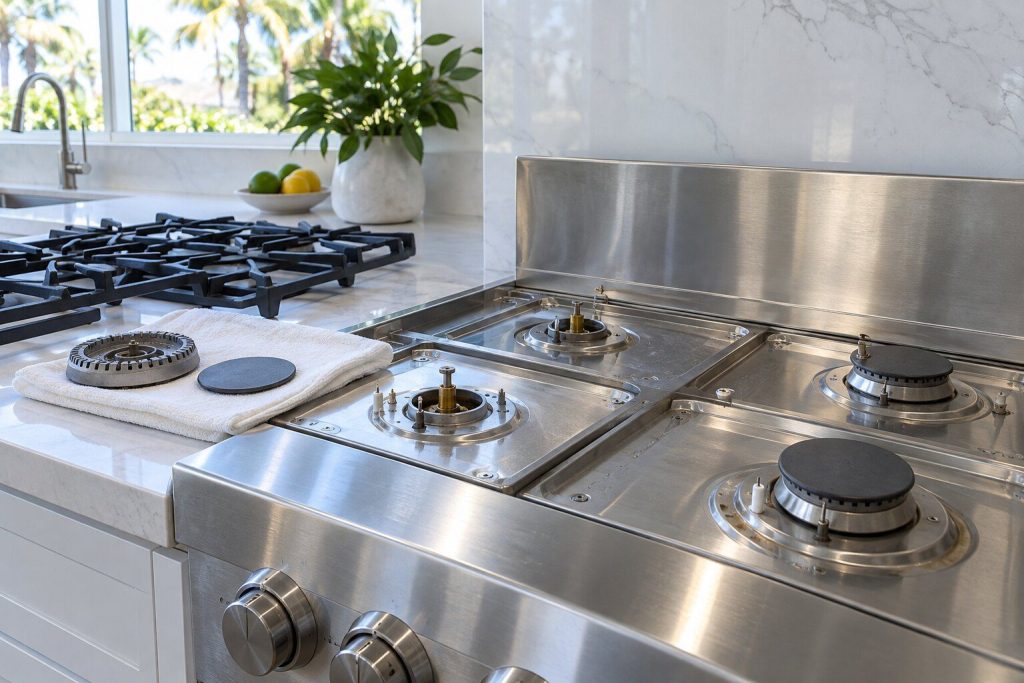 A stainless gas rangetop with a raised back panel, its cast grates lifted off and set aside, one burner head and cap apart on a folded cloth