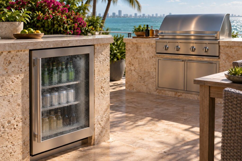 A stainless outdoor beverage center in a stone island a yard from a lit grill, its glass door beaded with condensation in hard afternoon sun.