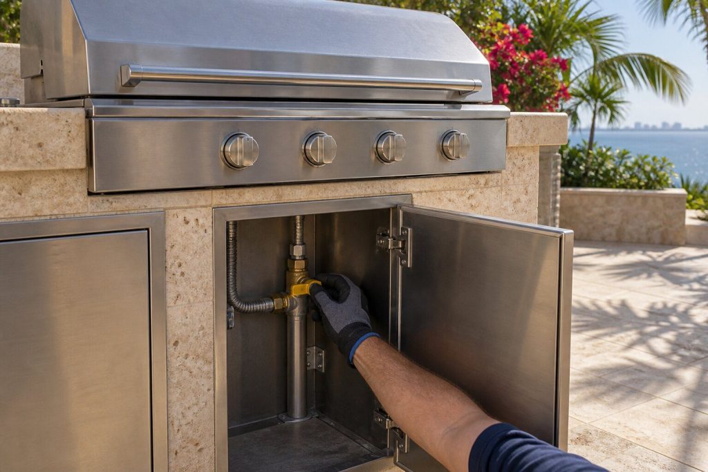 A gloved hand closing the gas shutoff valve inside the open cabinet of a stone outdoor island, the grill above it dark and unlit.